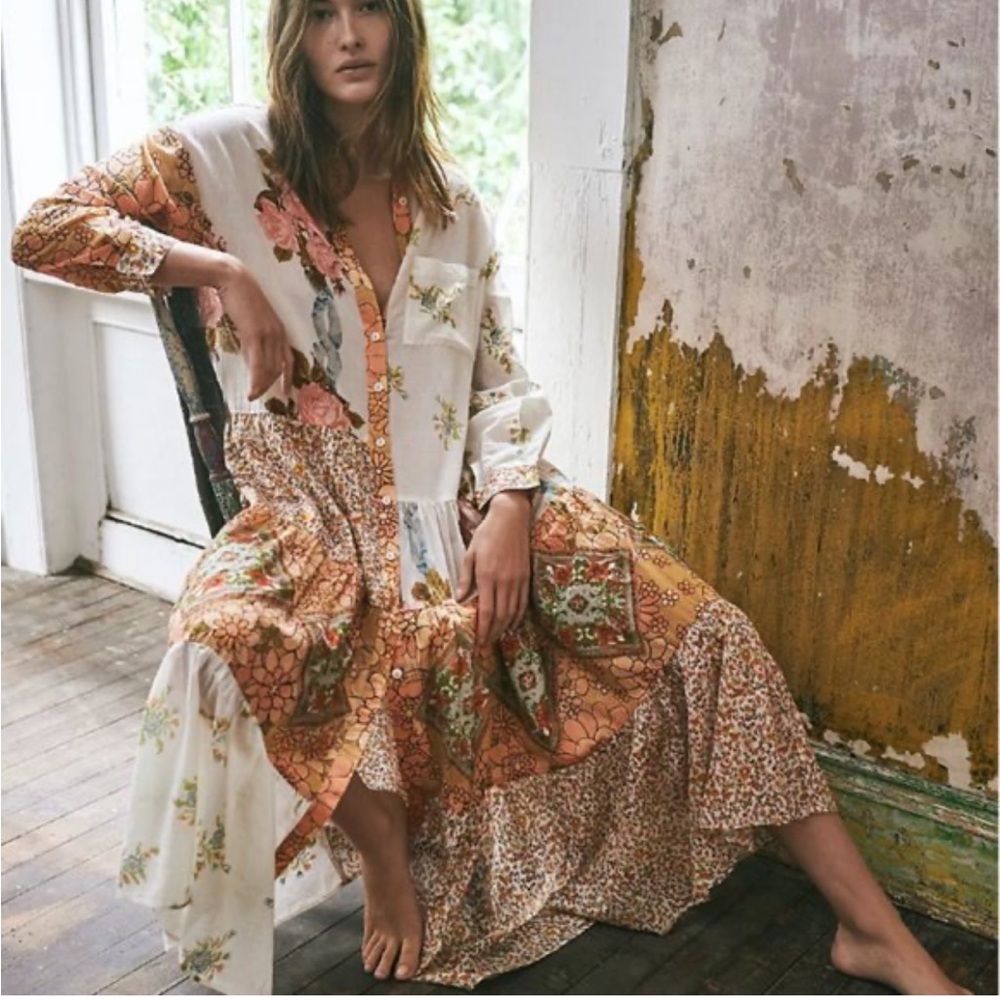 FREE PEOPLE Days Of Ditzies Orange Cream Patchwork Print Maxi Mini Combo Dress S